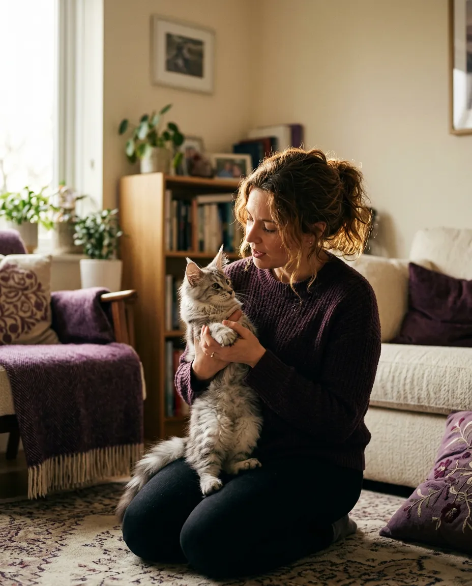 April warmly interacting with a gentle European Maine Coon kitten in a sunlit cattery room