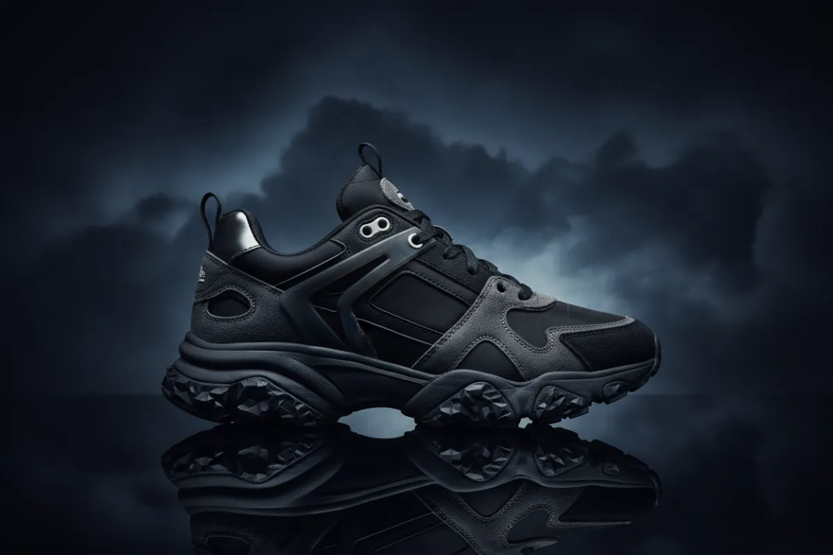 Slate Storm sneaker product drop hero with moody studio background and high-fidelity material detail.