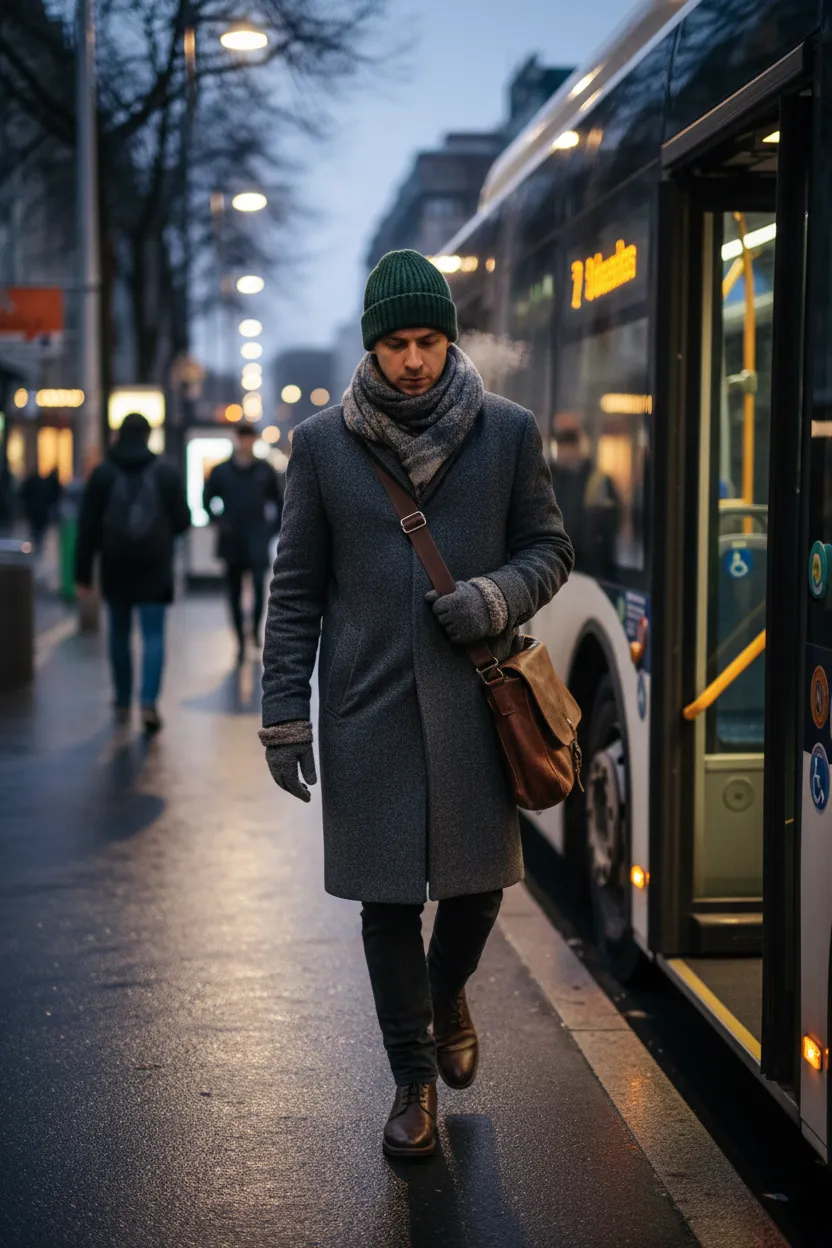 Commuter in cold-weather layers stepping onto an urban bus platform at dusk.