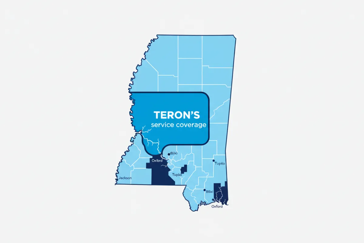 A detailed map of Mississippi highlighting major cities and rural areas, with a bold marker showing TERON's service coverage. The map is clean, modern, and uses the brand's blue palette, emphasizing local expertise and statewide reach.