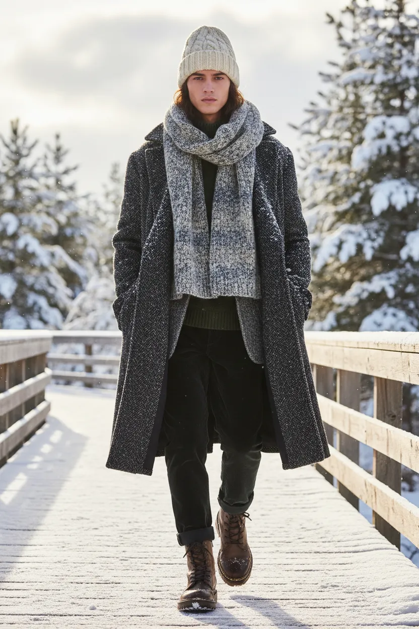 Layered winter outfit on a model walking along a snow-dusted boardwalk.