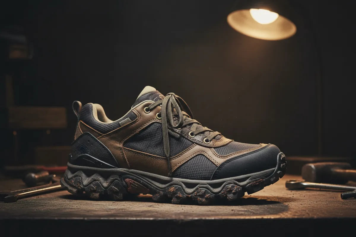 Rugged trainer from the Field Kit line in a workshop environment, highlighting durable materials under directional lighting.