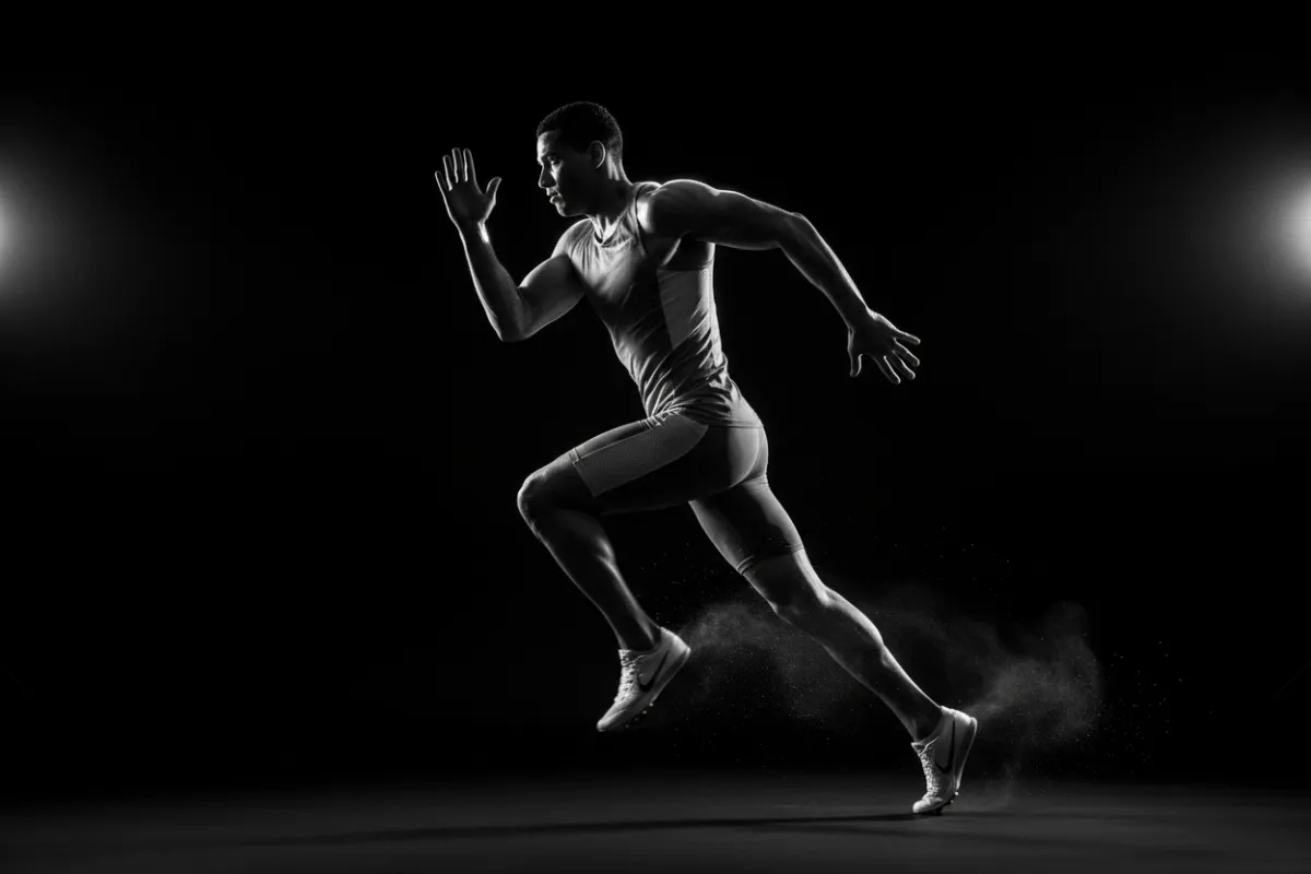 Campaign hero photo with athlete mid-run against deep black backdrop for limited capsule collection.