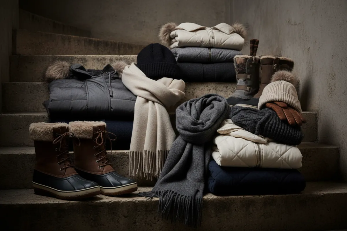 Editorial winter apparel arranged on stone staircase in a neutral-toned setting.