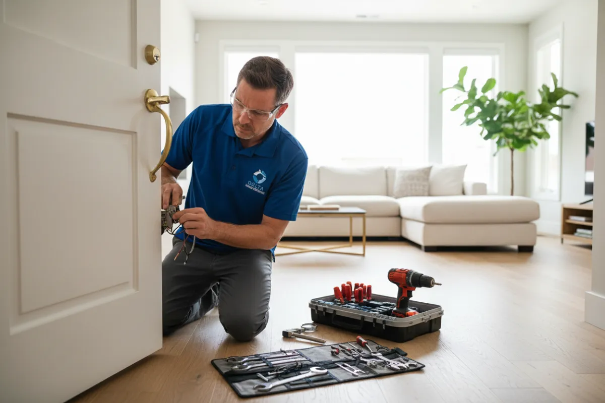 A skilled handyman in branded uniform repairs a door lock in a bright, modern Mississippi home. The scene shows professional tools, a focused expression, and a tidy workspace, conveying reliability and expertise. No background clutter, just the home interior.