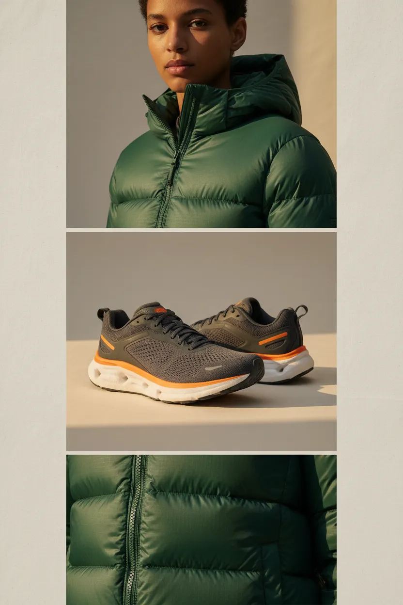Portrait product collage of insulated jacket and performance sneakers on a muted backdrop.