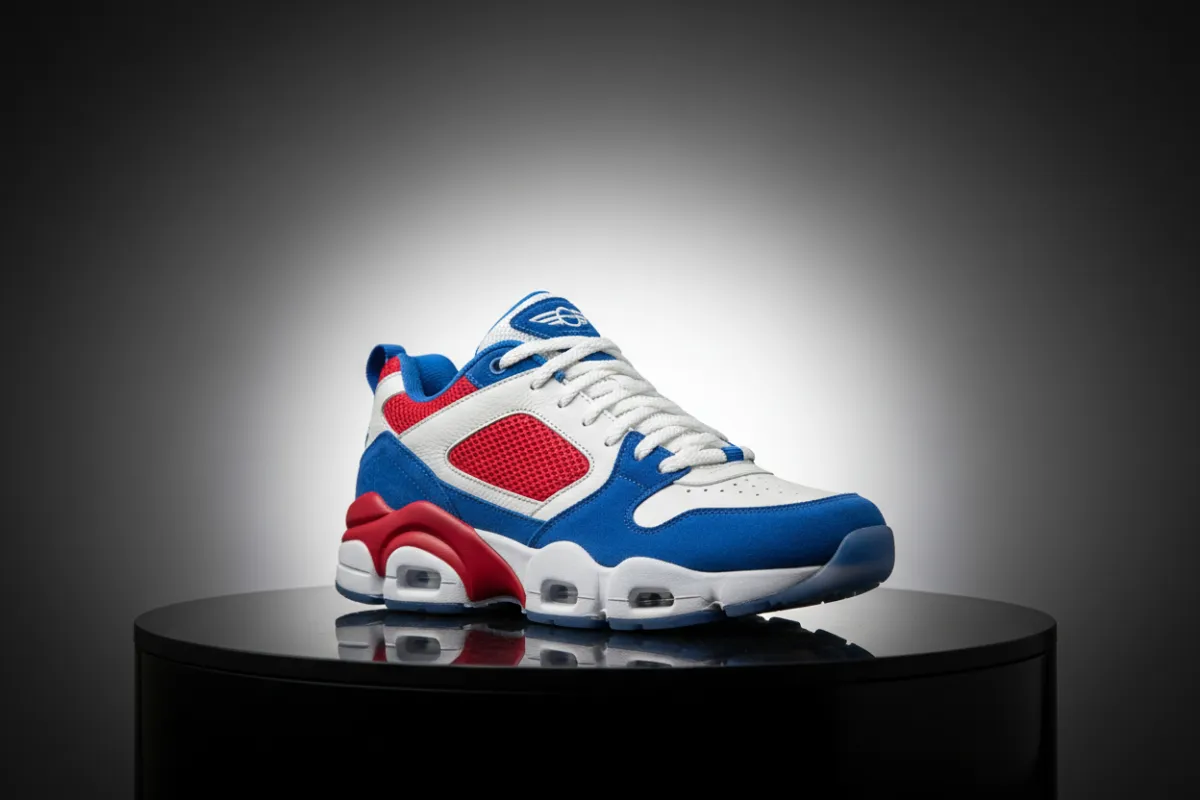 Product figure image of the AirStride 9 Retro with high-fidelity color and material detail against a studio backdrop for editorial context.