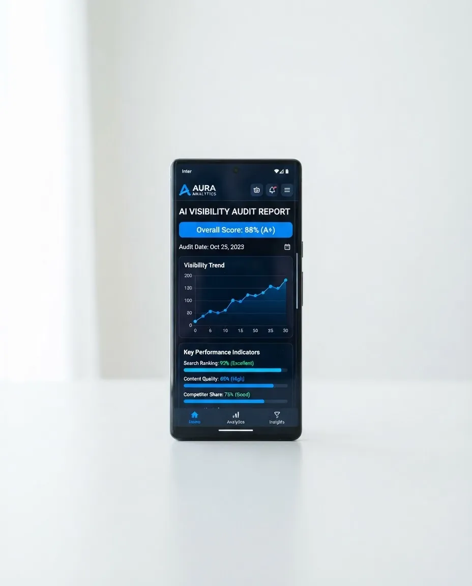 Professional AI visibility mobile audit report preview showing local search rankings and score