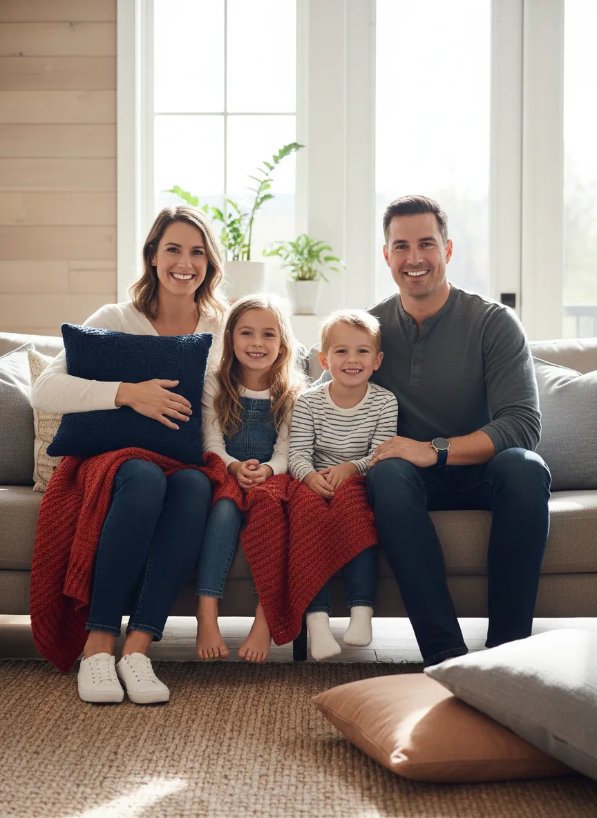Family enjoying clean, pure indoor air in a comfortable, sunlit living room
