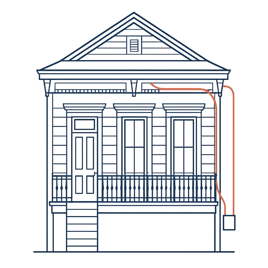 Abstract architectural line-drawing of a New Orleans home showcasing robust HVAC integration