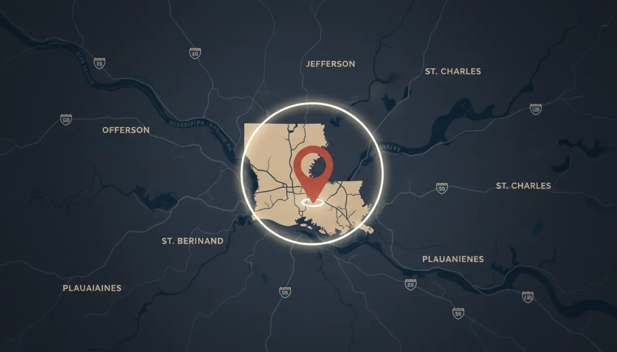 Service Area Map showing 35-mile radius around New Orleans