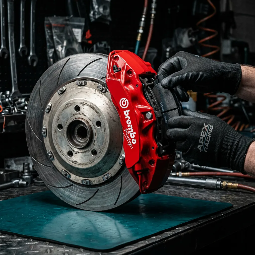Close-up of slotted performance brake rotor and multi-piston racing caliper assembly