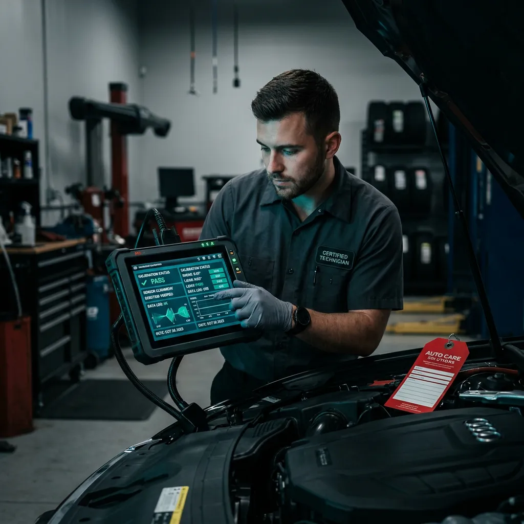 Technician verifying calibration data on vehicle diagnostic monitor after repair