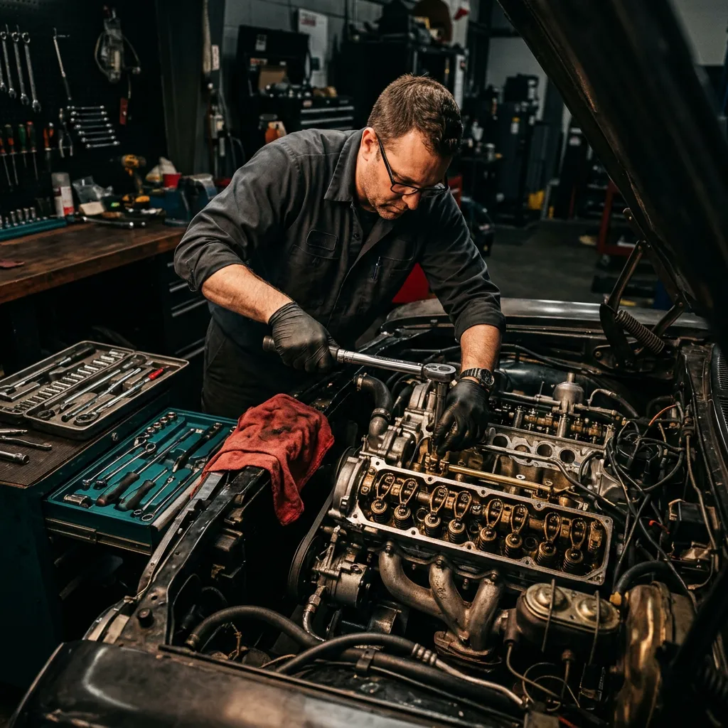 Mechanic performing precision engine and mechanical assembly with specialized tools