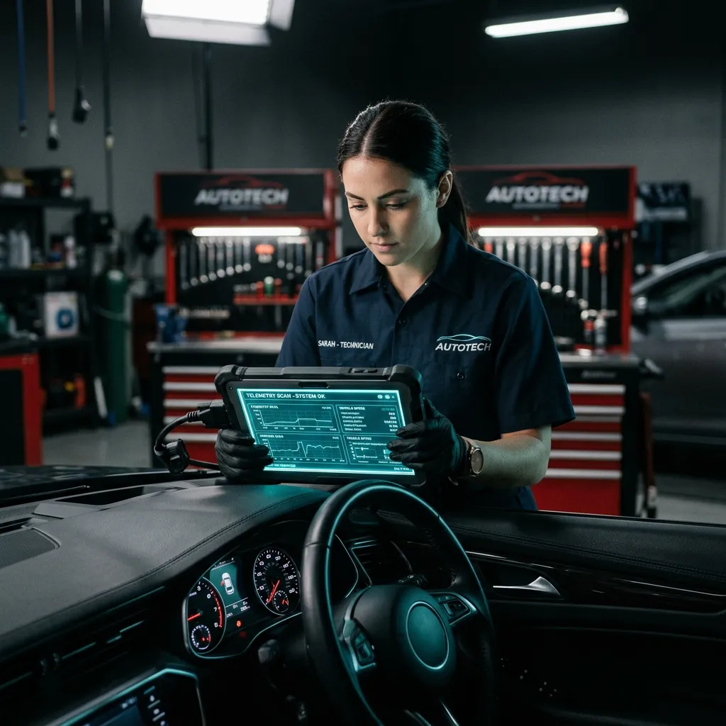 Automotive technician conducting diagnostic telemetry scan with digital tablet