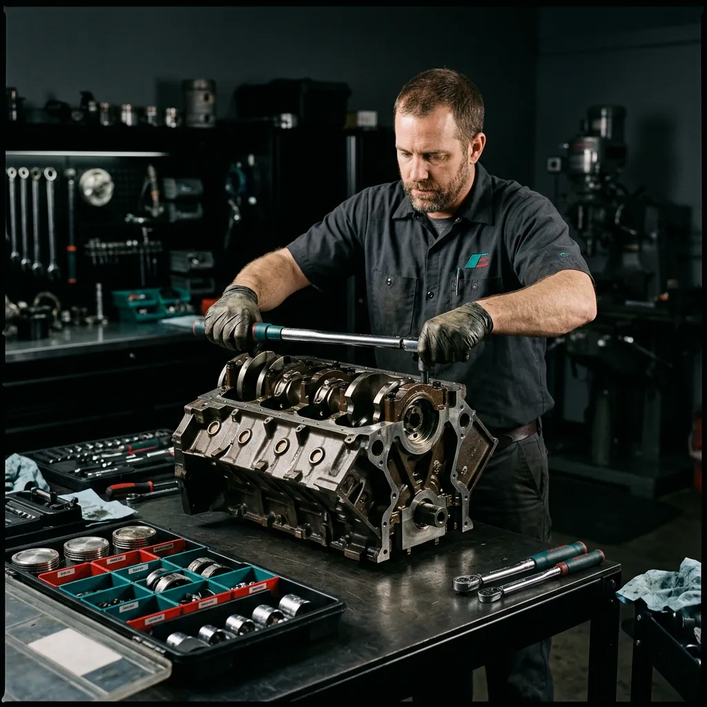 Master technician assembling high-performance engine block with precision torque tools