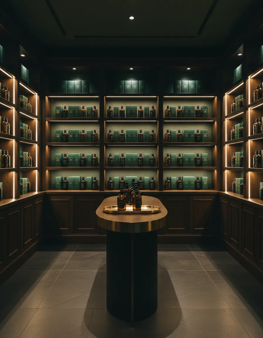 Cinematic shot of a boutique retail interior displaying The Collective products
