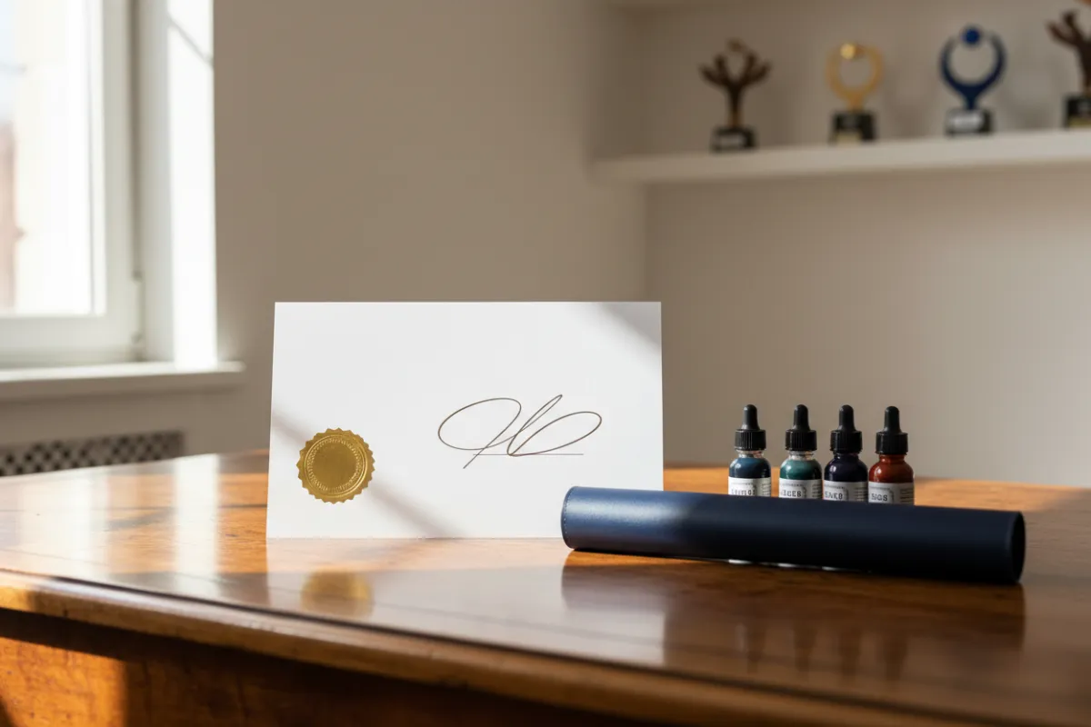 Certificado oficial con sello dorado y firma, colocado sobre un escritorio de madera junto a botellas de tinta para tatuajes y un portadiplomas. El ambiente es luminoso y profesional, enfatizando la autenticidad y el logro, relación de aspecto 3:2.