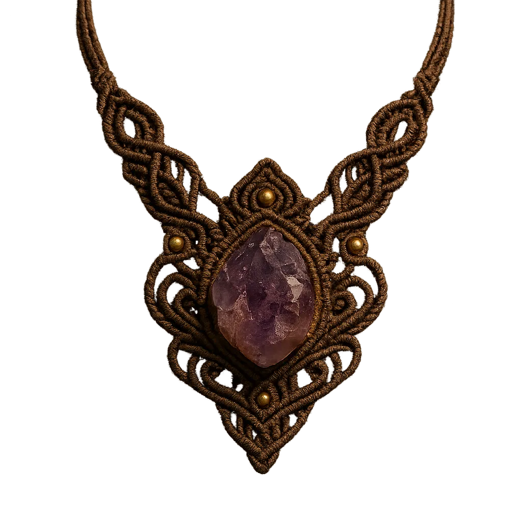 Colgante artesanal de macramé con cristal en bruto y detalles finos
