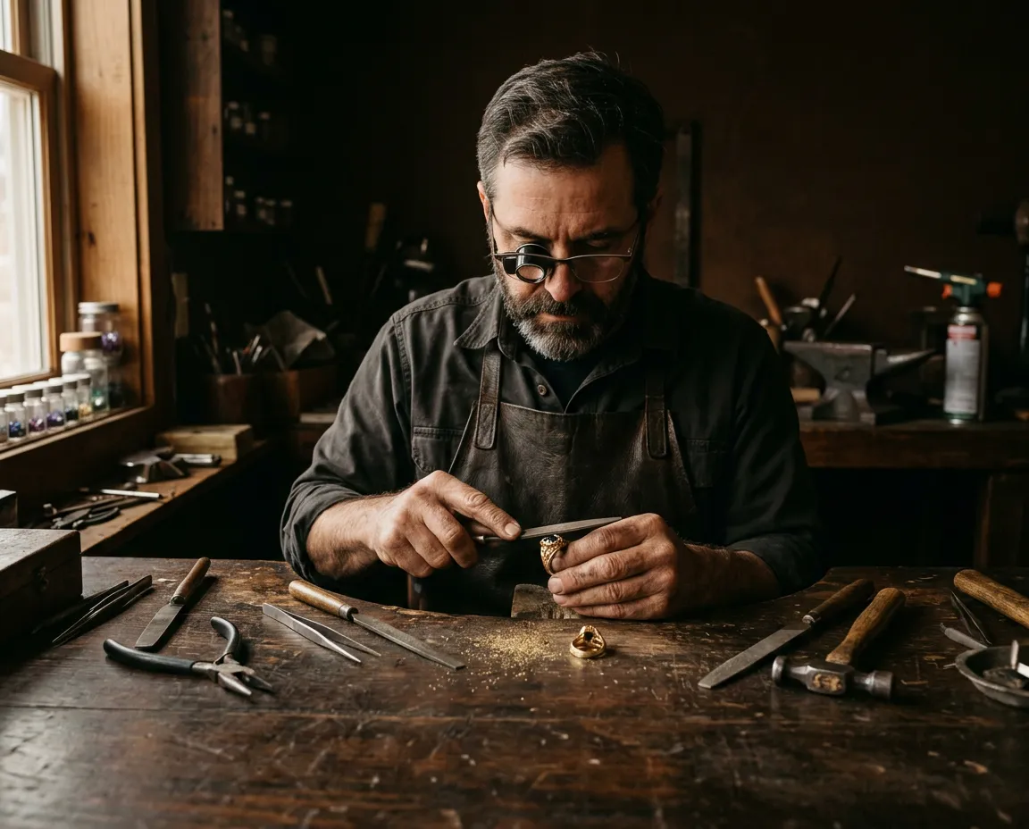 Pablo Robles trabajando en su taller de joyería artesanal con herramientas tradicionales