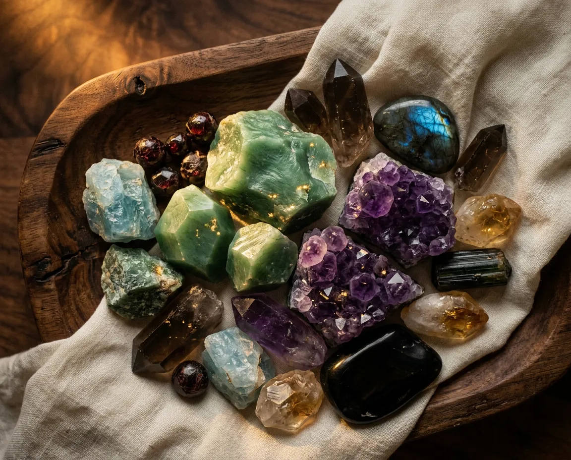 Selección de gemas naturales Jade y Amatista sobre bandeja de madera artesanal