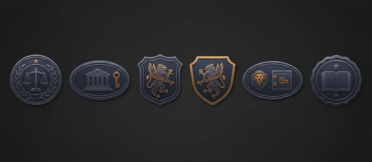 Monochrome legal and financial authority badges
