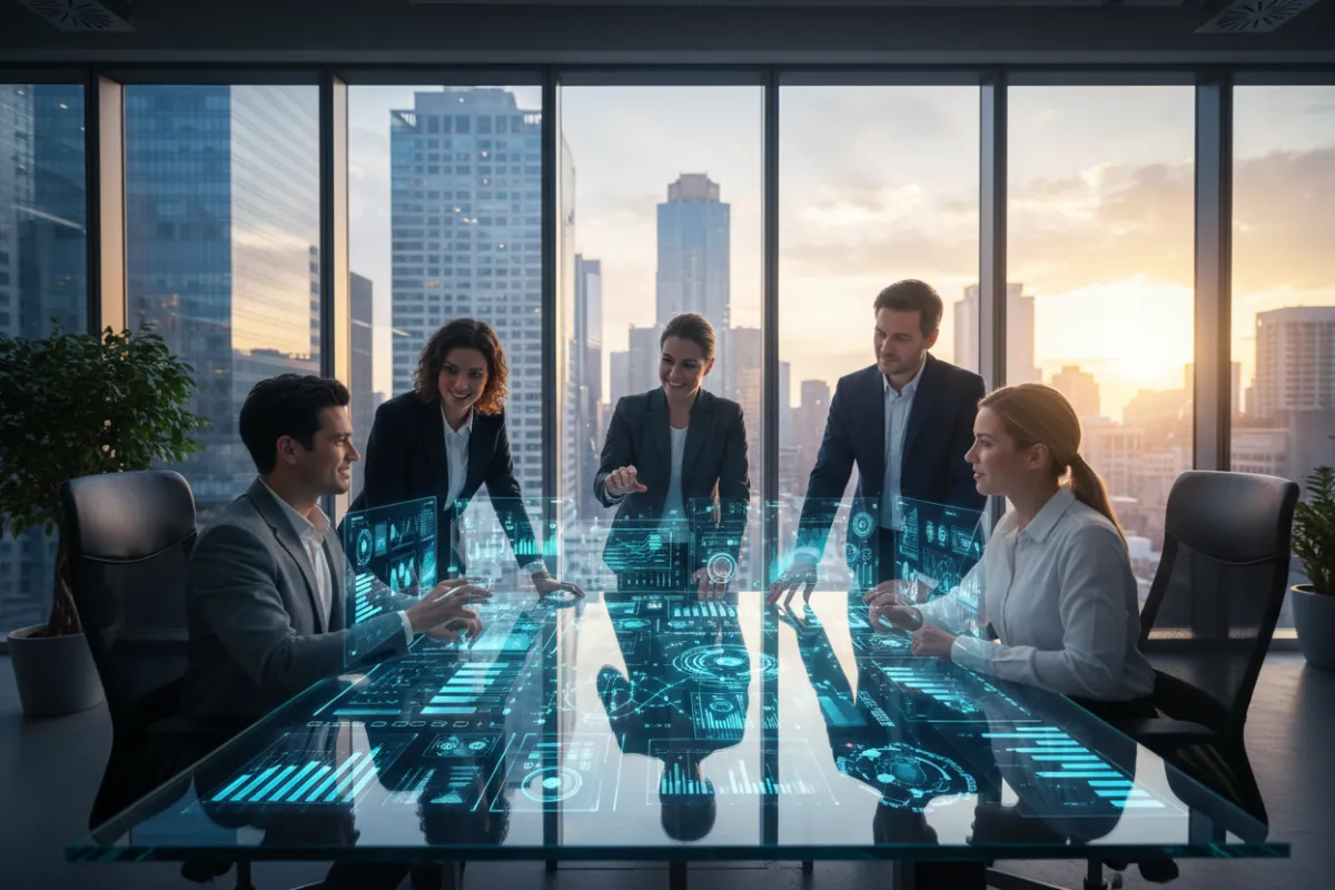 A diverse group of business professionals in a modern office, collaborating around a digital interface displaying AI-driven analytics, with a city skyline visible through large windows. The scene is vibrant, forward-thinking, and exudes confidence in technology.