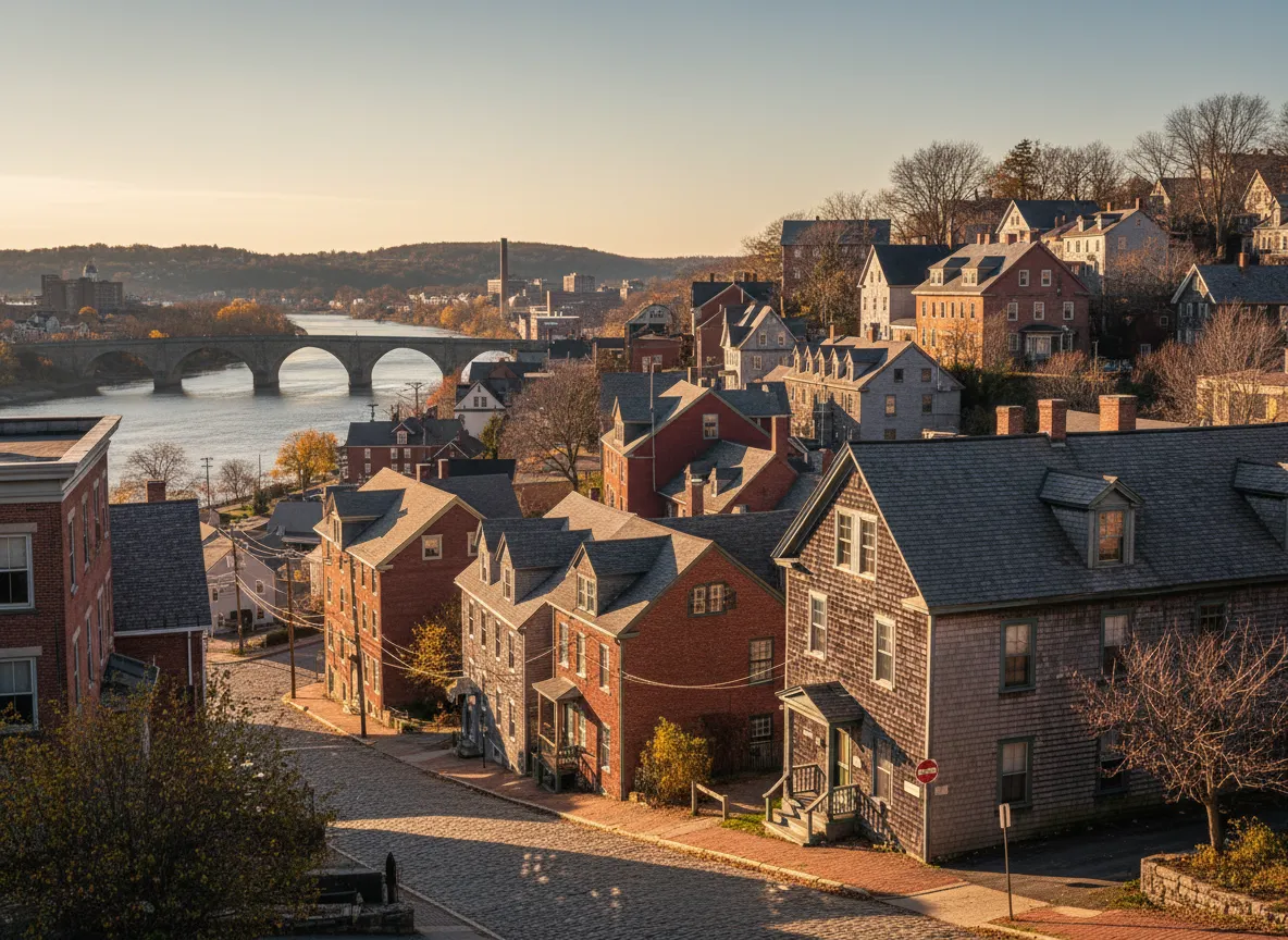 Fall River, MA cityscape and river