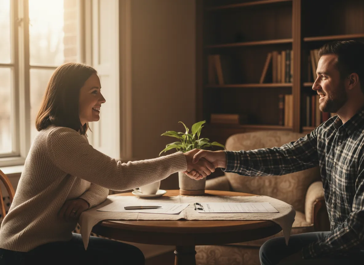 Two people shaking hands over a table