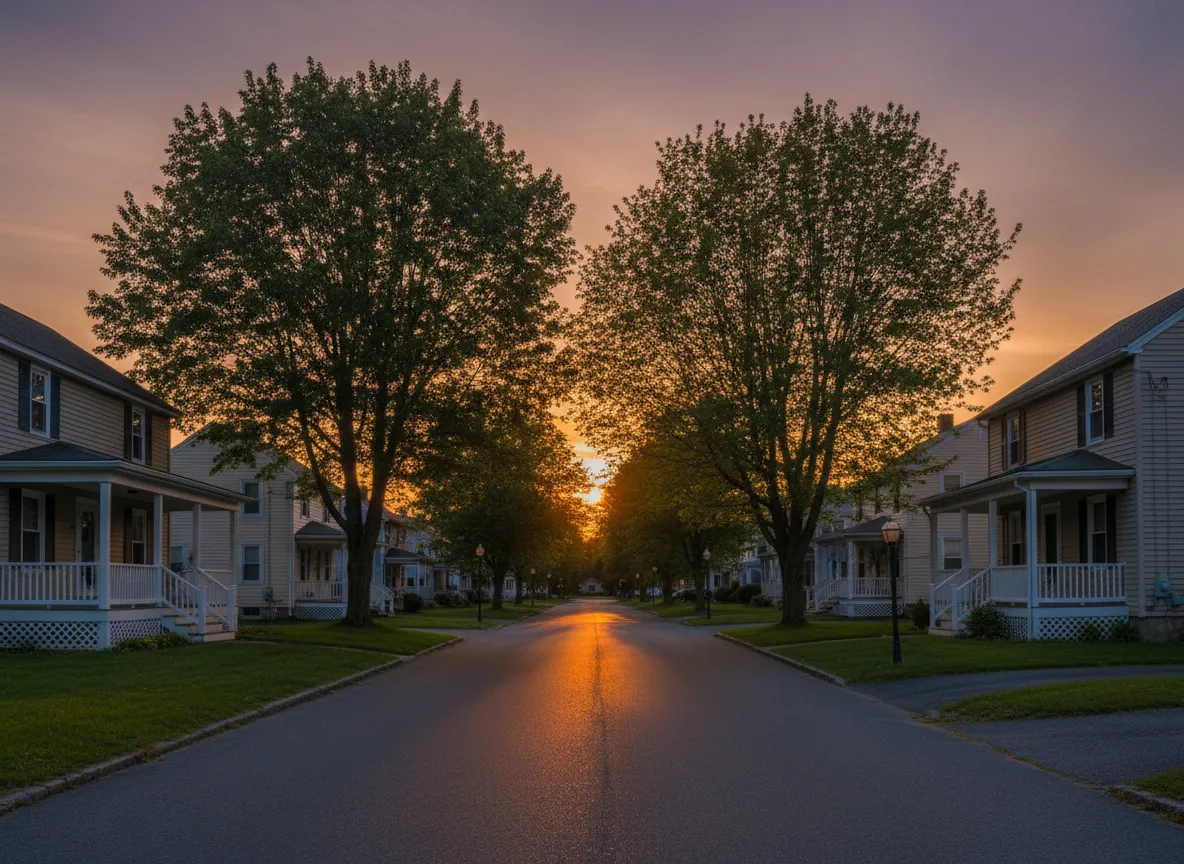 Neighborhood street with houses at sunset
