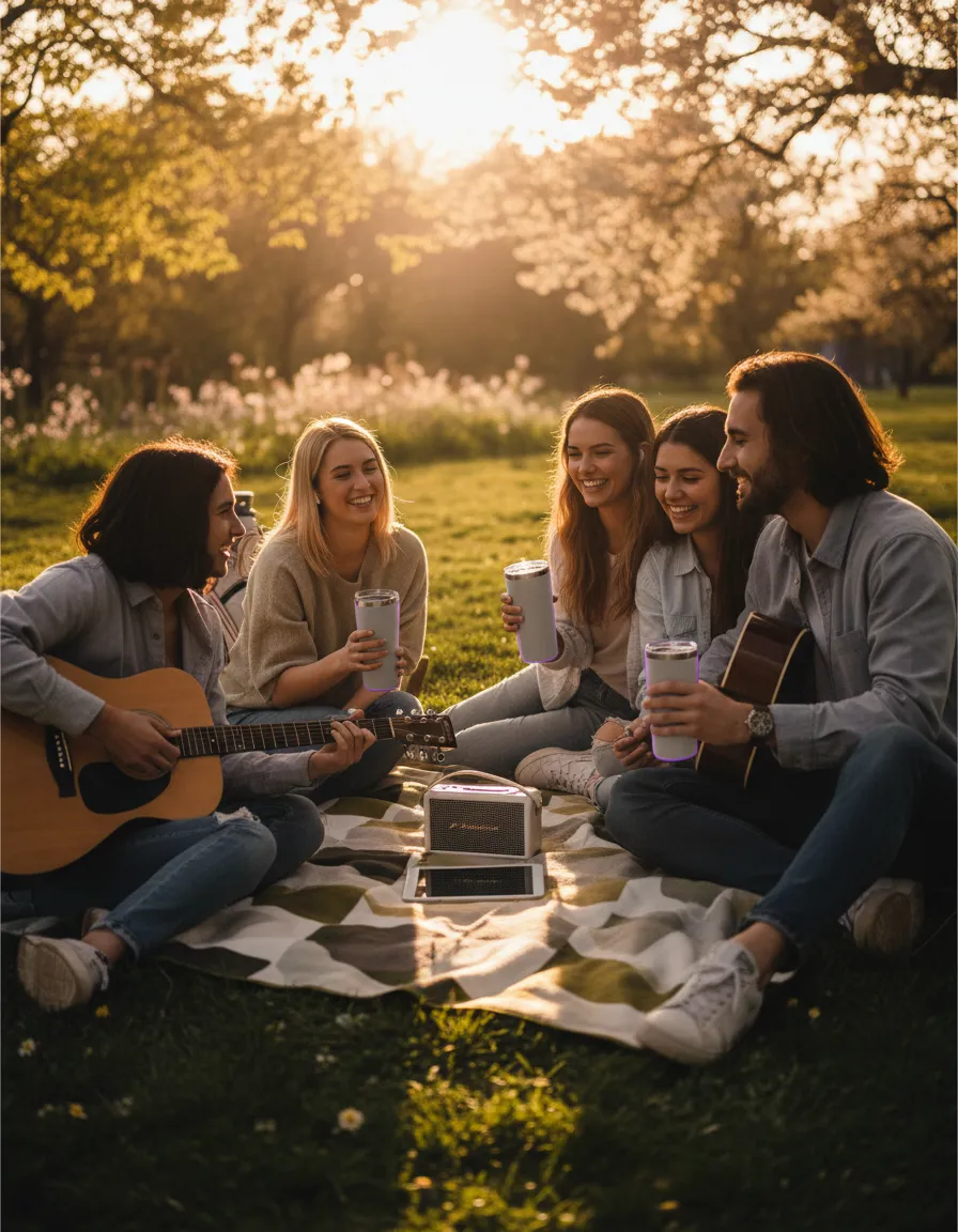 A group of friends enjoying music from their AuraVibe tumblers on a sunny day