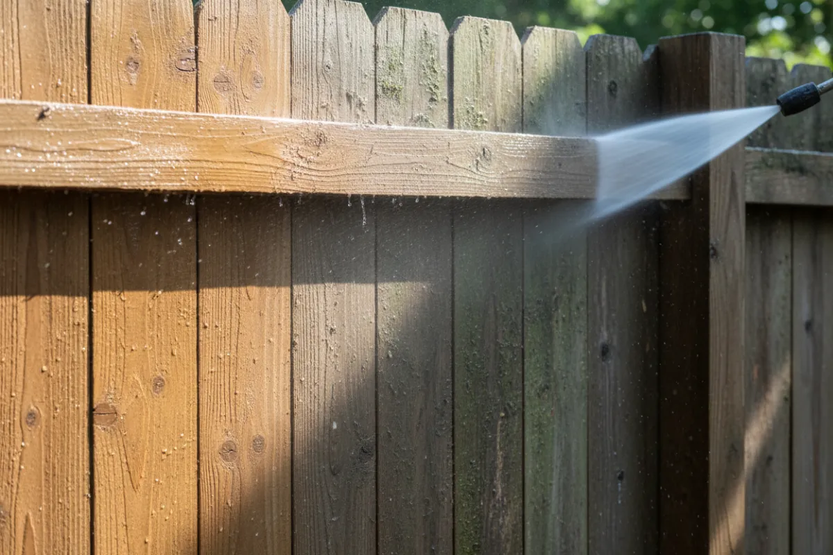 Deck pressure washing — before and after showing cleaned, brightened deck boards