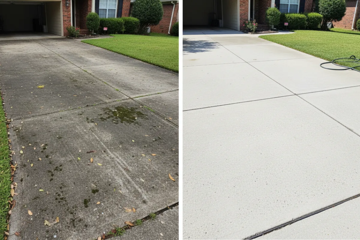 Driveway pressure washing — before and after showing a cleaned driveway