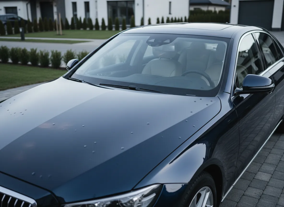 Freshly detailed car with reflective glossy paint finish