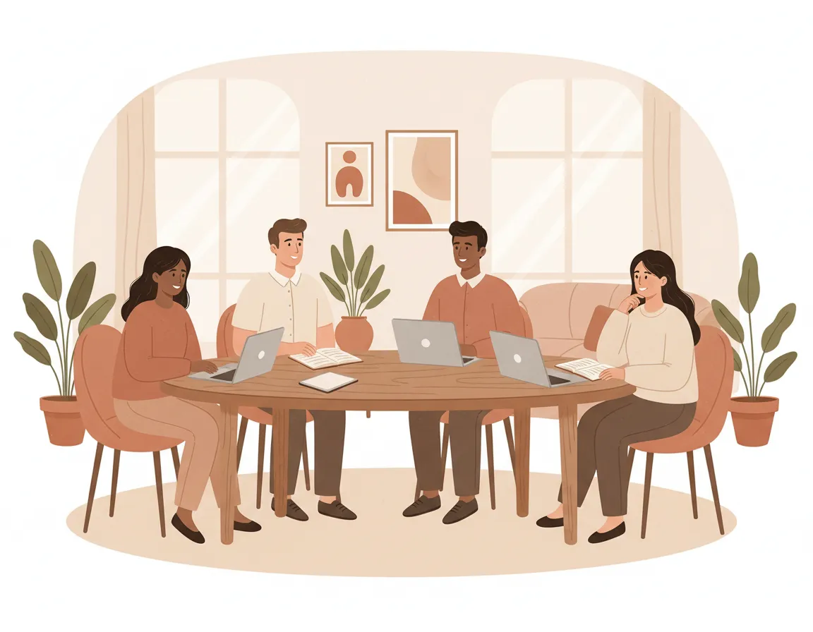 Illustrated small business owners collaborating around a table with warm neutral colors
