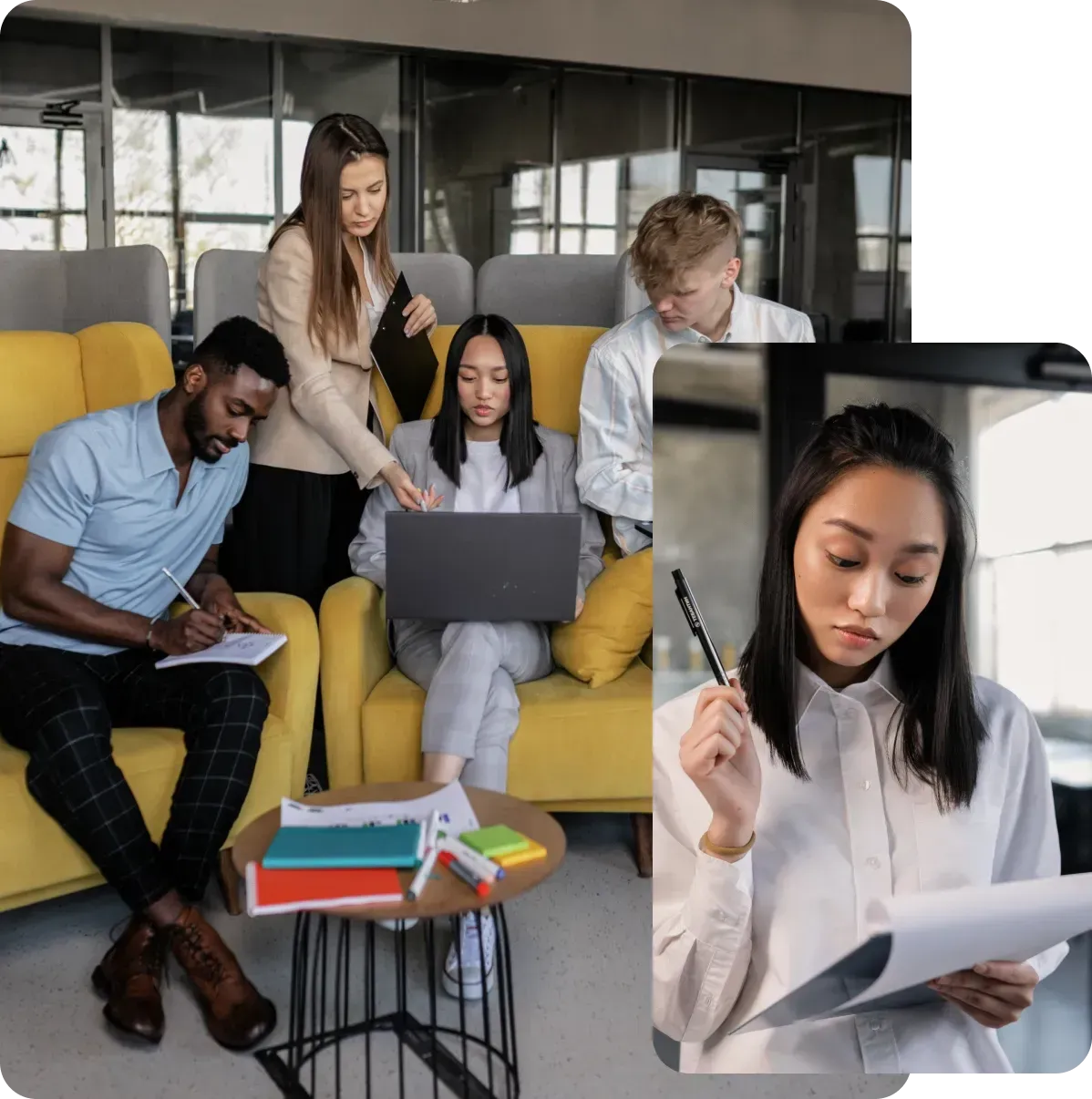 Collage of office connections and analytics