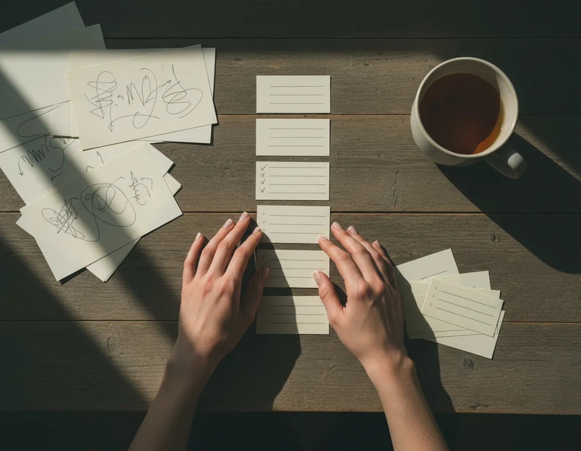 Hands organising notes on a simple wooden desk
