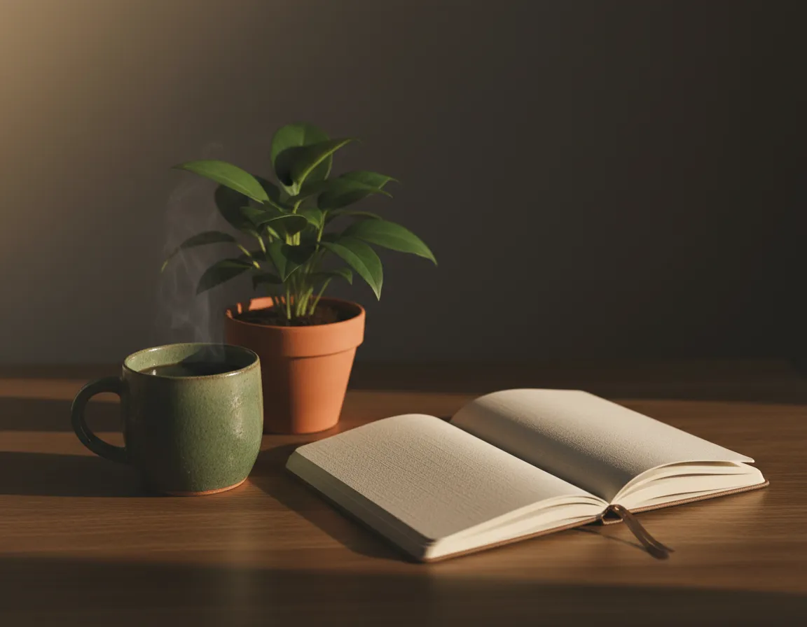 Warm desk setting with notebook and coffee cup