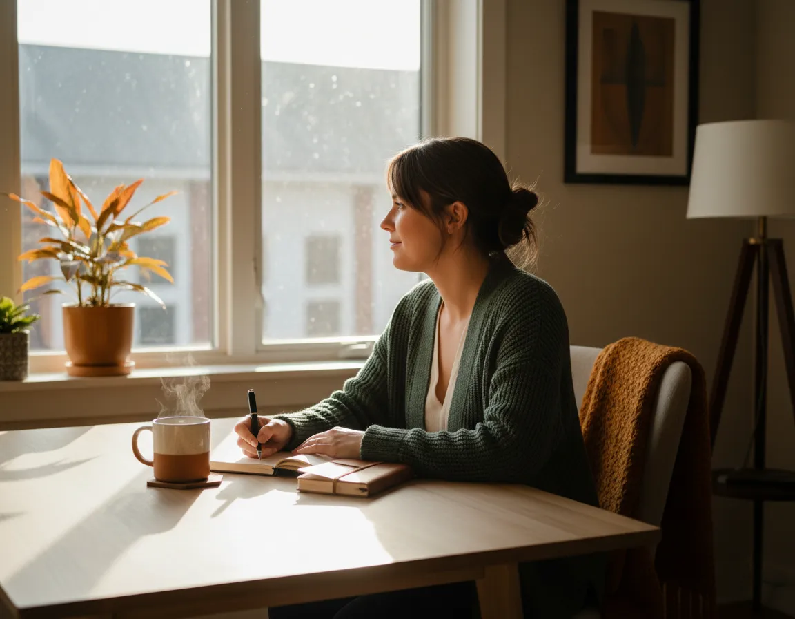 A person writing in a notebook in a light-filled space