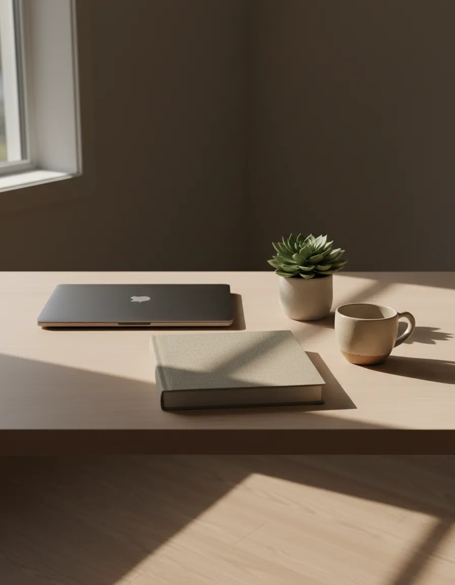 A warm, natural light lifestyle photo of a calm, tech-free home office workspace