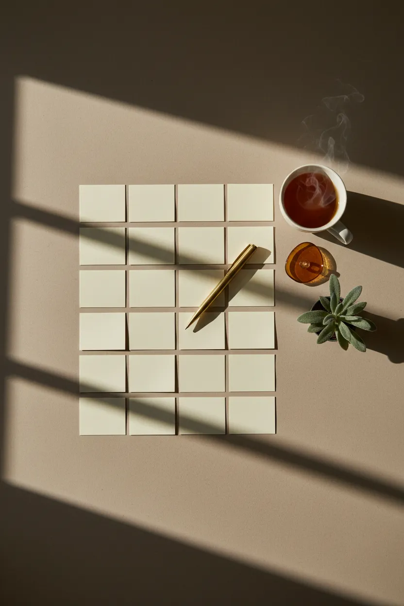 A clean, organised desk space with a notebook and pen representing clarity and structure