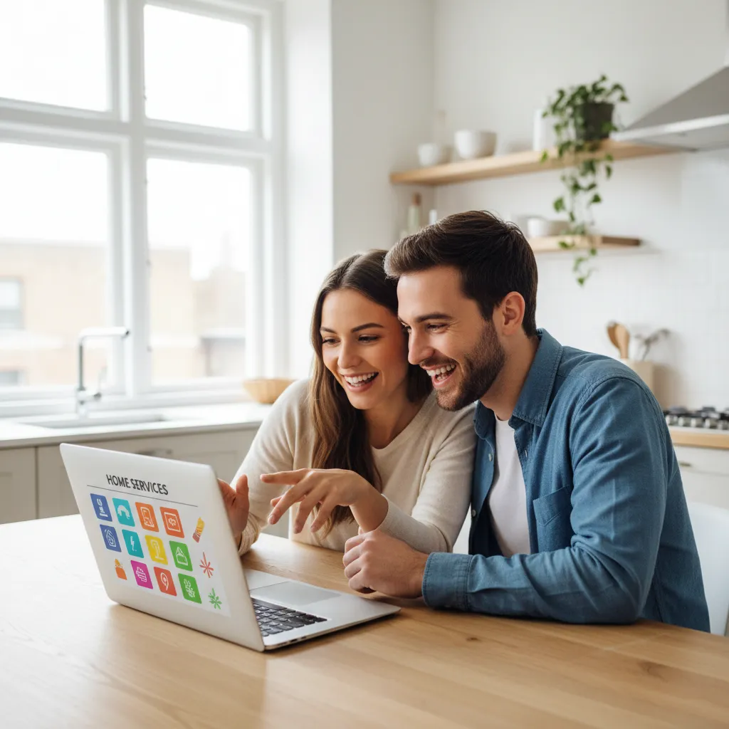 A young couple sits at a kitchen table, browsing home service options on a laptop. The background features a modern, sunlit kitchen. Both are smiling and engaged in discussion, conveying collaboration and optimism. The image feels candid and relatable, emphasizing ease and partnership.