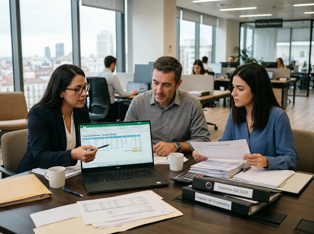 Equipo de recursos humanos y nómina revisando incidencias y cálculo de nómina en una laptop, en una oficina corporativa B2B.