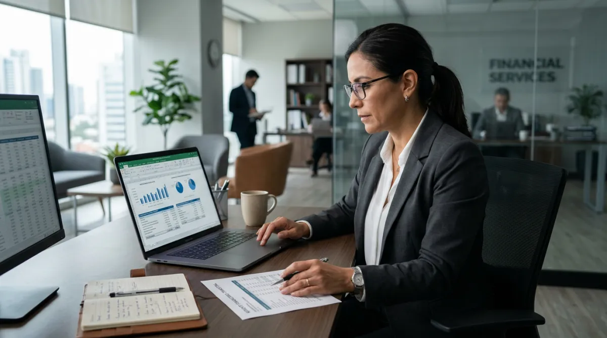 Profesional contable revisando reportes y conciliación en una laptop, en un entorno corporativo B2B.