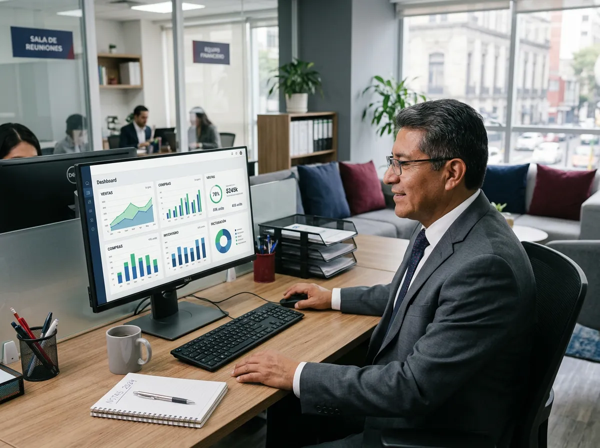 Responsable administrativo revisando un dashboard operativo que representa control de ventas, compras, inventarios y facturación