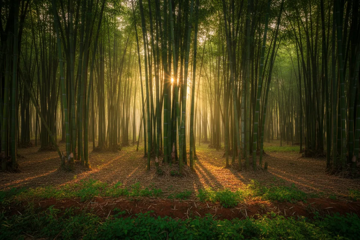 Lush bamboo plantation in eastern India at dawn, rows of young bamboo shoots, warm golden light, photorealistic landscape highlighting dense green stems and soil cover for a sustainable crop visual.