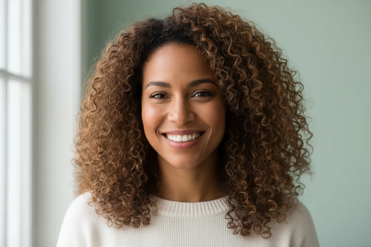 Female with brown skin tone and curly hair