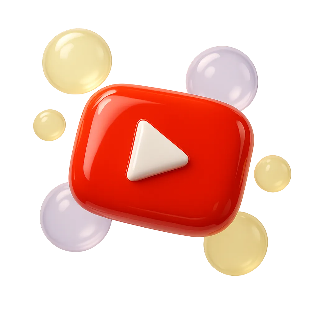 Floating 3D high-gloss YouTube play button surrounded by pastel yellow and purple bubbles in a creative laboratory
