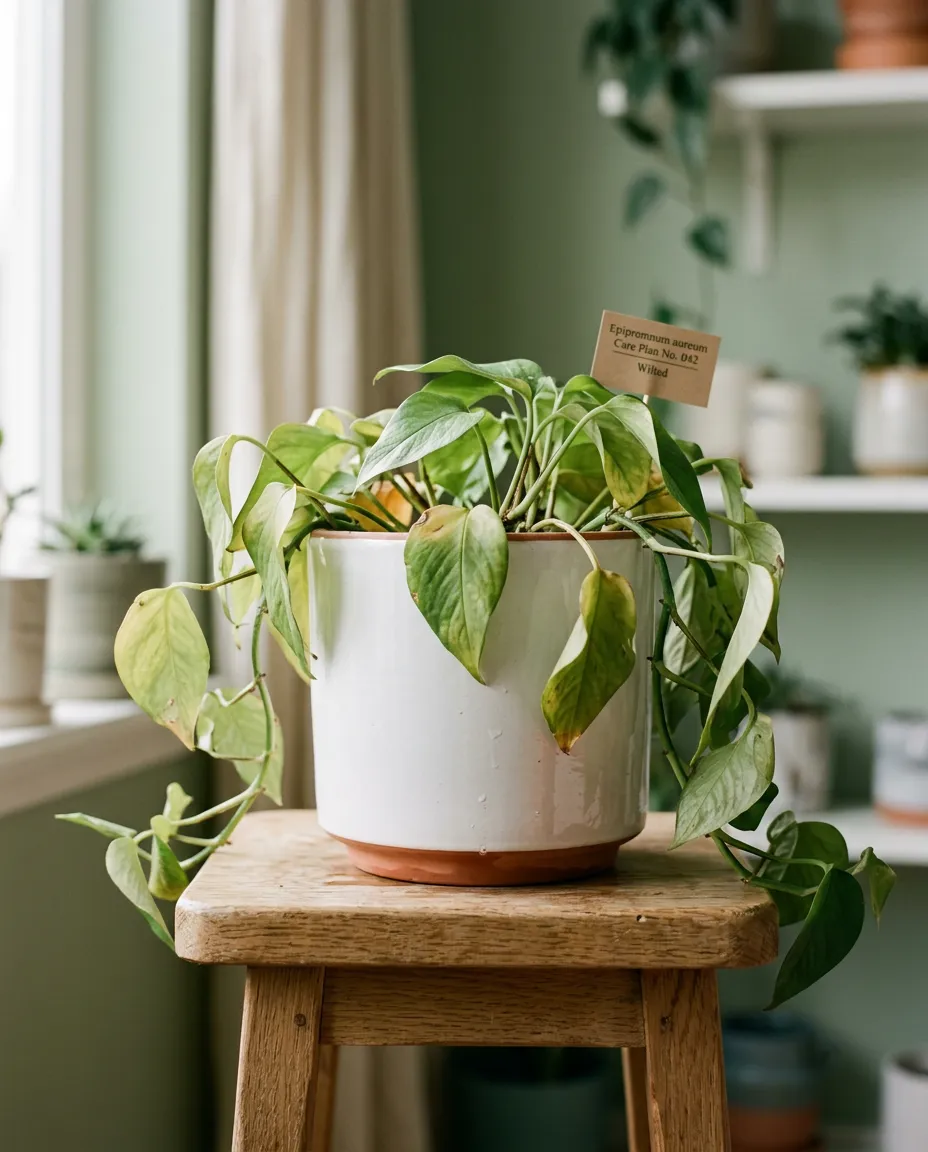 Aesthetic portrait of a wilting dramatic houseplant in need of emergency clinical care