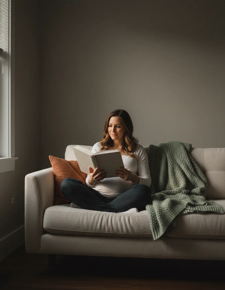 Stressed but hopeful parent looking at a book or phone, softened with natural light